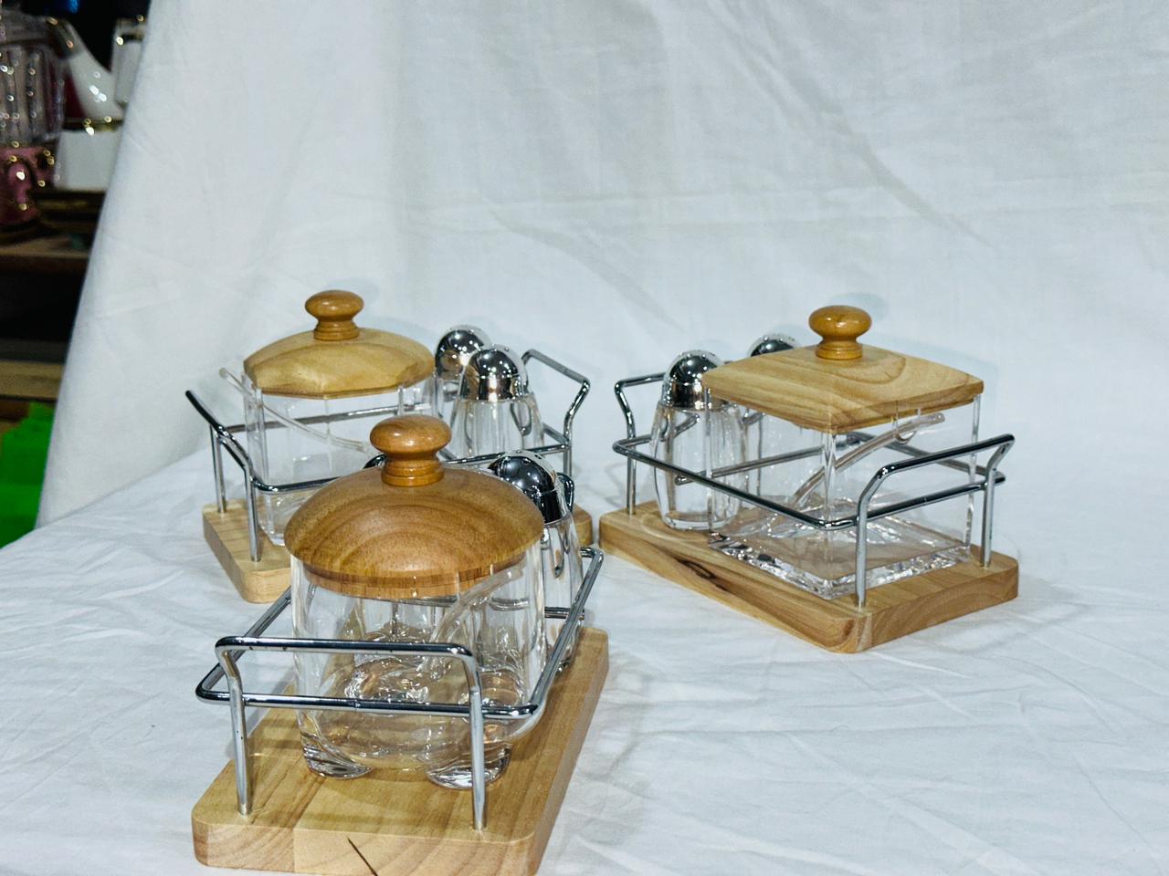 Cruet Set For Serving Sugar, Salt & Pepper.