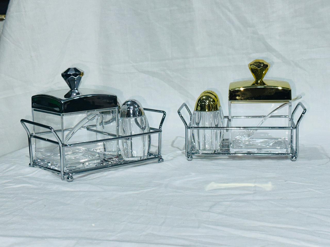 Cruet Set For Serving Sugar, Salt & Pepper.