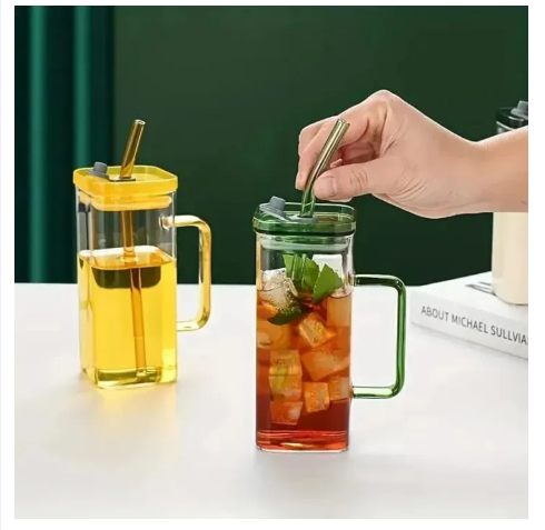 Glass Guice Cups With Straw Mason Jar Clear Juice ice cream Coffee Milk Cup With Plastic Lids Drink ware Stripe