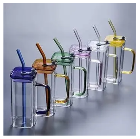 Glass Guice Cups With Straw Mason Jar Clear Juice ice cream Coffee Milk Cup With Plastic Lids Drink ware Stripe