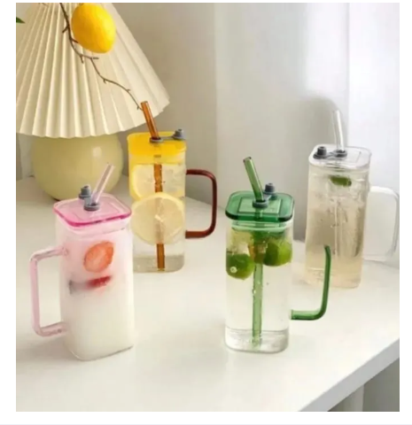 Glass Guice Cups With Straw Mason Jar Clear Juice ice cream Coffee Milk Cup With Plastic Lids Drink ware Stripe