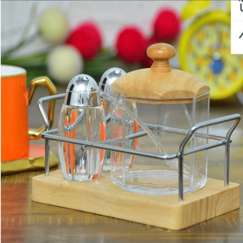 Cruet Set For Serving Sugar, Salt & Pepper.