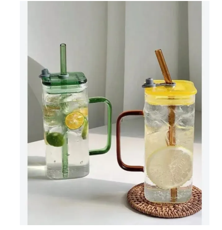 Glass Guice Cups With Straw Mason Jar Clear Juice ice cream Coffee Milk Cup With Plastic Lids Drink ware Stripe